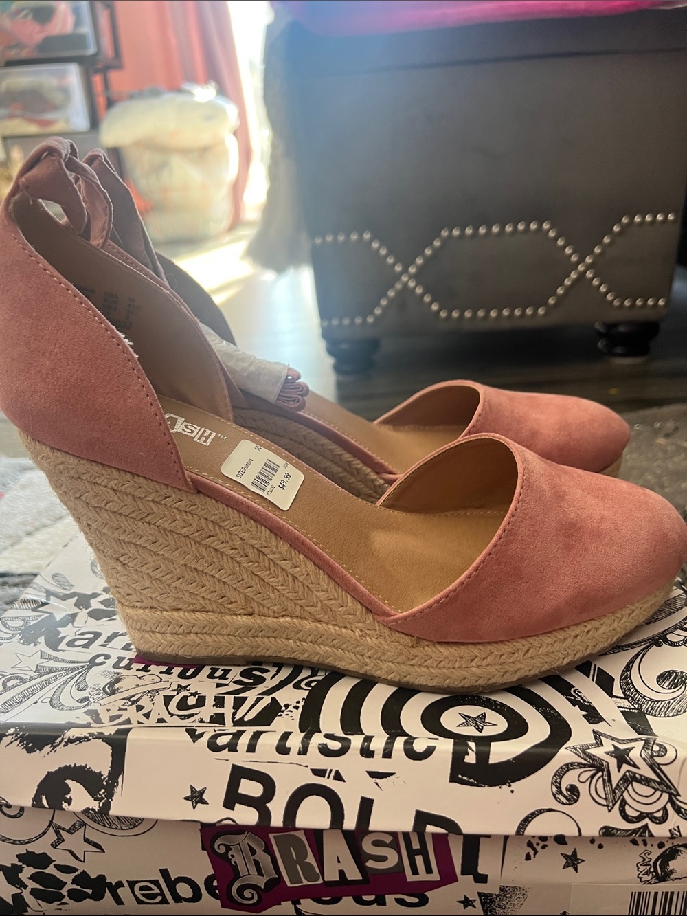 Brash Rose Pink Suede Espadrille Wedge Heels